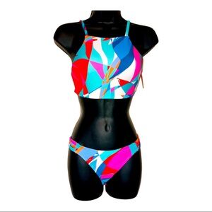 Abstract colorblock 2piece geometric print halter bikini set size XS new